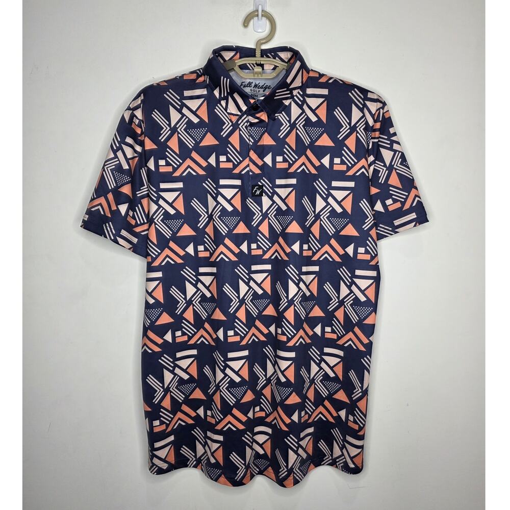 Full Wedge blue orange cream geometric print short sleeve golf polo shirt medium - Picture 1 of 5